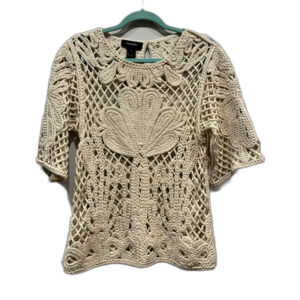 Karen Kane Top Blouse Crochet Open Knit Shirt Cream Short Sleeve Womens sz XL